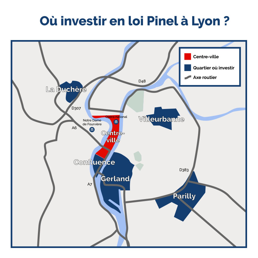 Carte des quartiers où investir en loi Pinel à Lyon